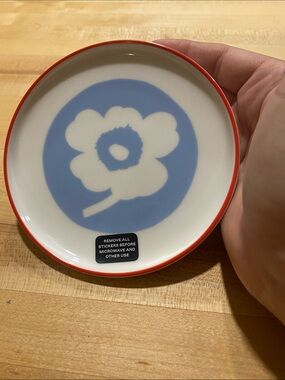 Marimekko White Ceramic Plate with Blue Flower and Red Rim